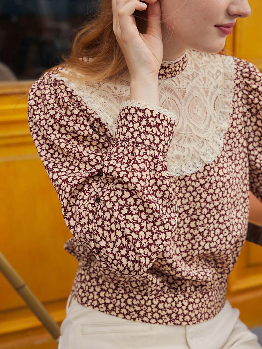 Sofia Maple Leaf Print Lantern Sleeve Lace Contrast Blouse