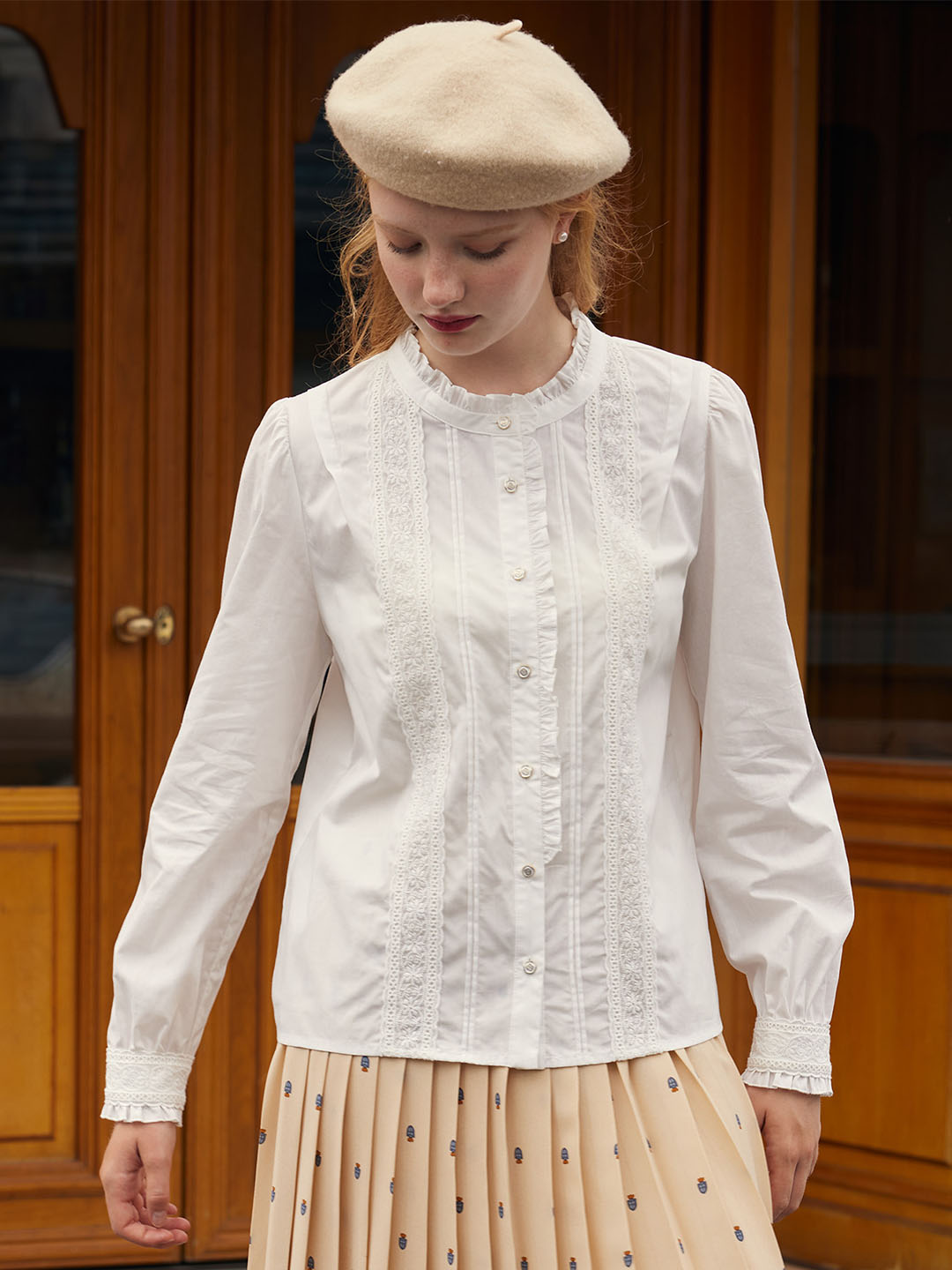 Madison Lace Paneled Button Front Cotton Blouse