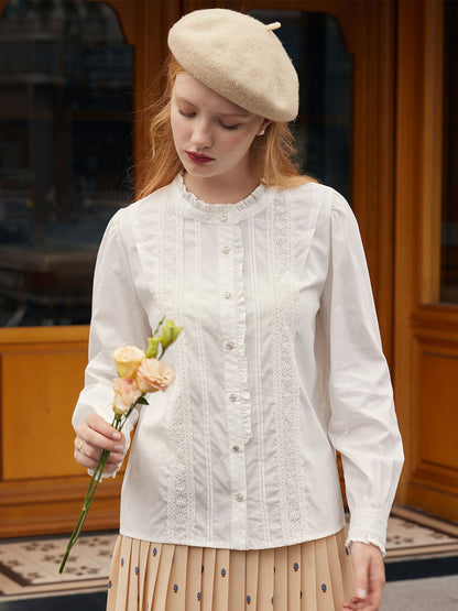 Madison Lace Paneled Button Front Cotton Blouse