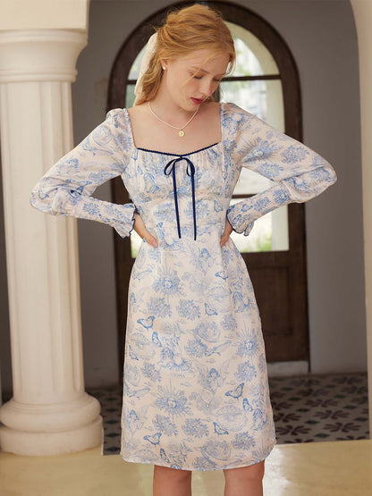 Mila Elegant Square Neck Contrast Print Dress